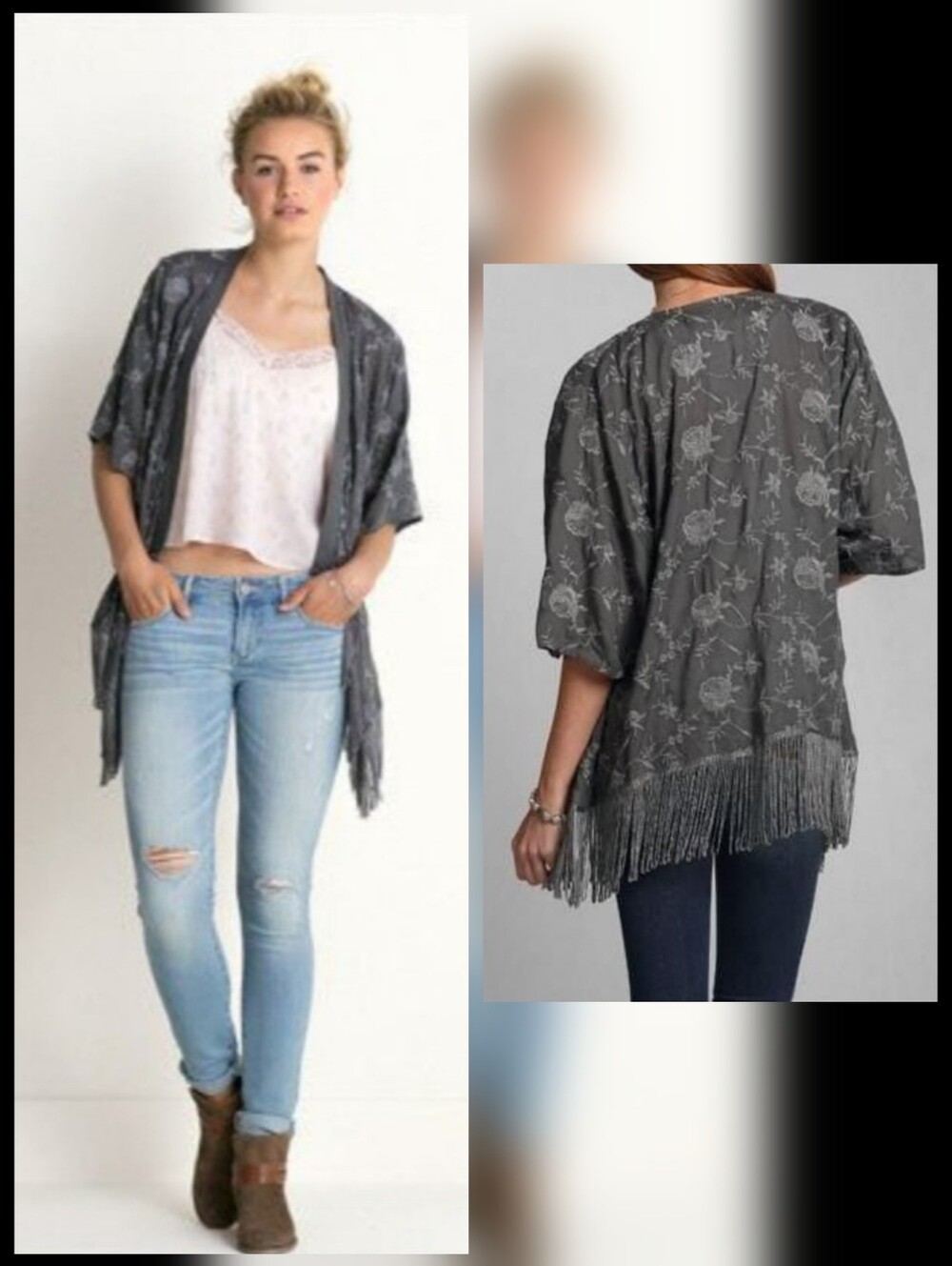 Abercrombie & Fitch Grey KimonoWith Embroidered Flowers & Fringe- O/S